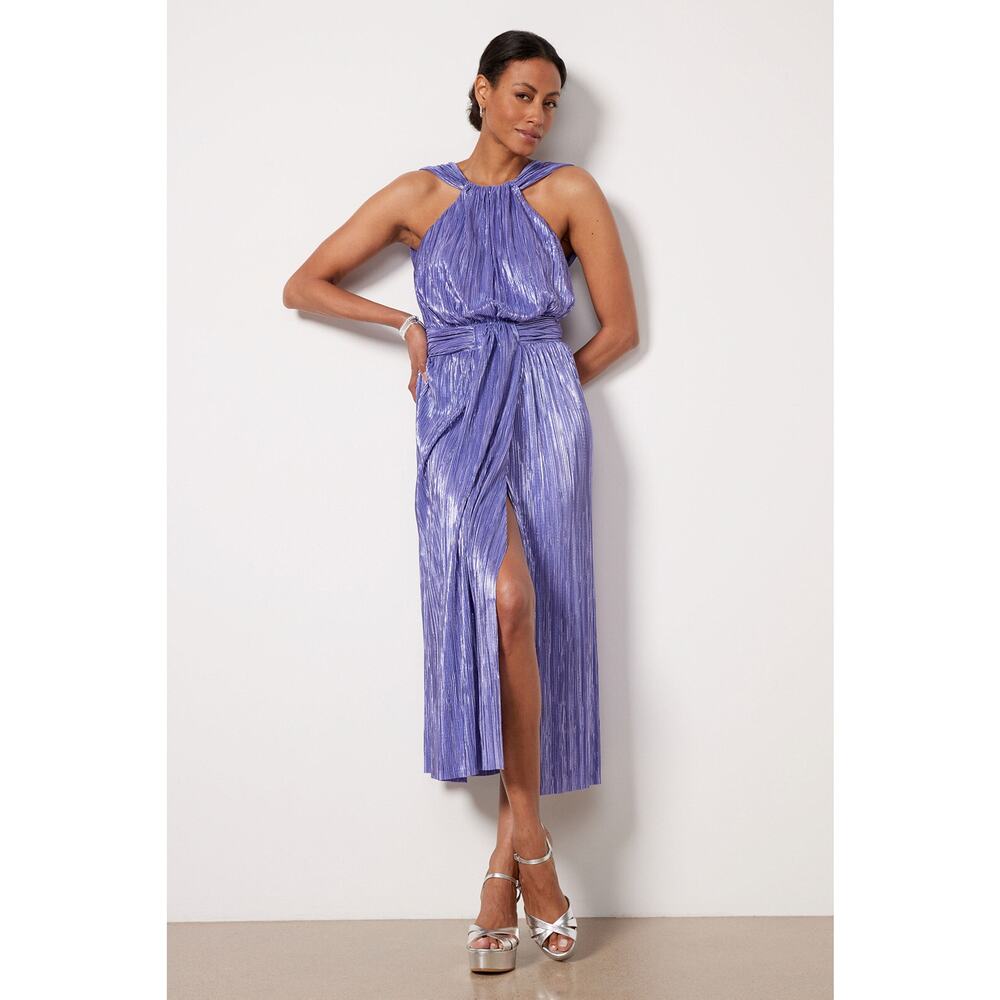 Sabina Musayev Siraz Halter Pleated Metallic Purple Dress Large